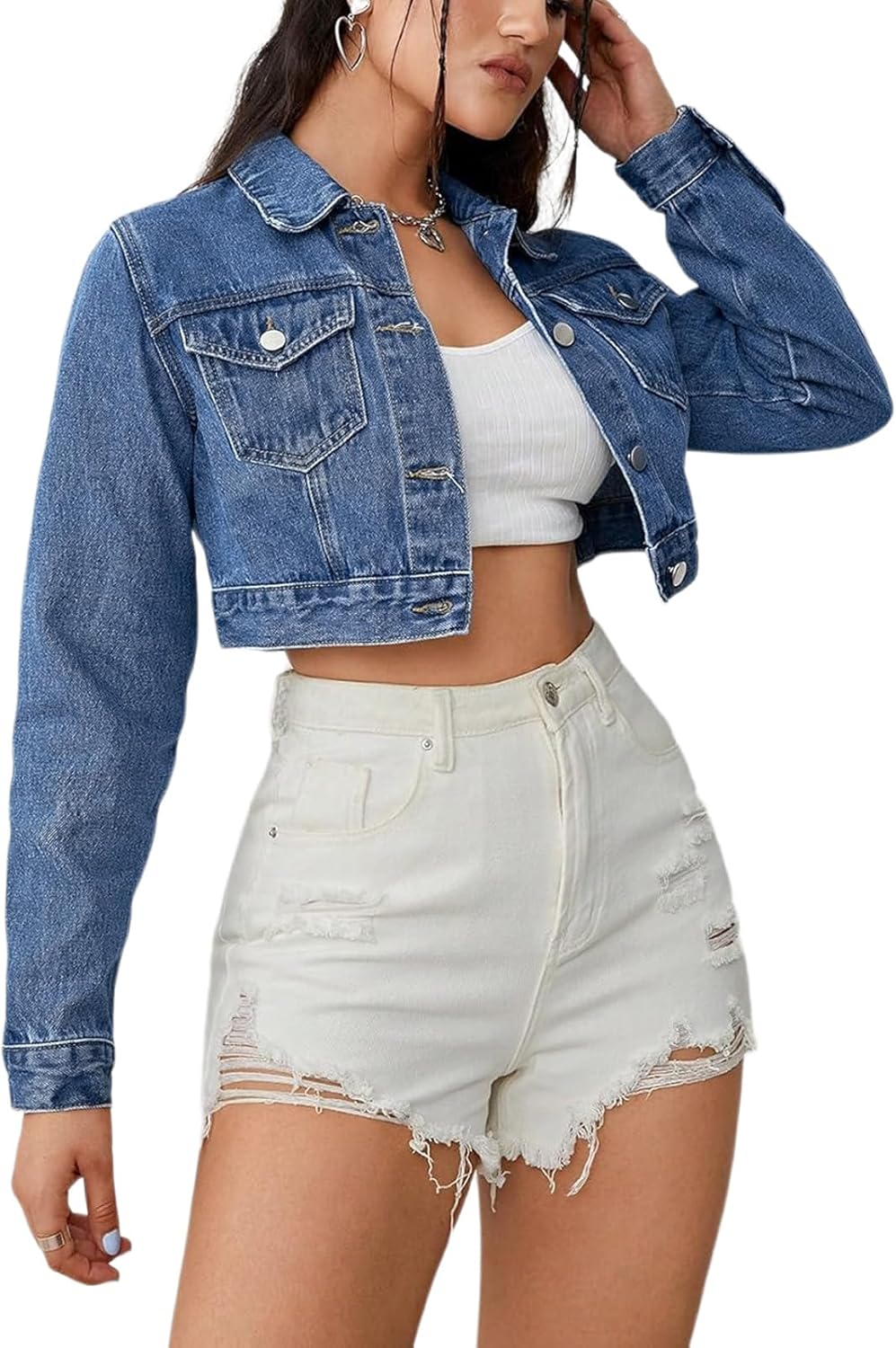AiiUp Cropped Jean Jacket for Women Long Sleeve Classic Casual Crop Top Denim Jackets Coat