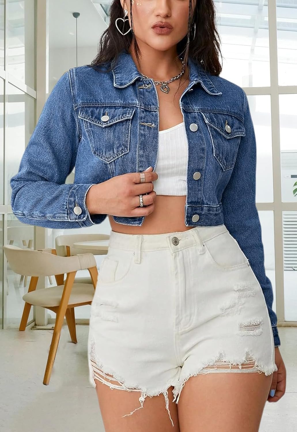 AiiUp Cropped Jean Jacket for Women Long Sleeve Classic Casual Crop Top Denim Jackets Coat