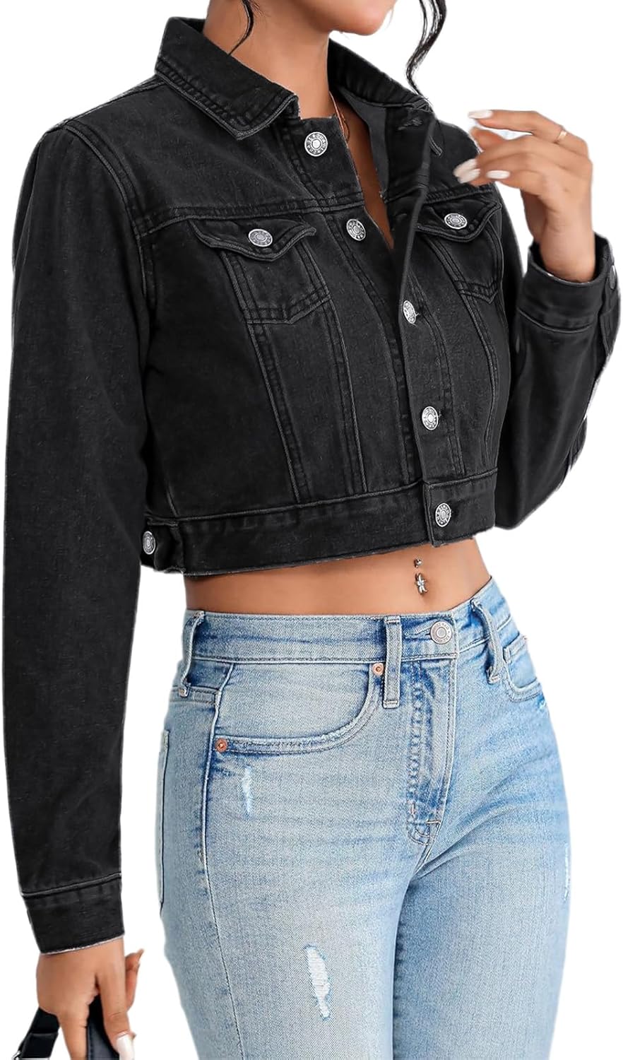 AiiUp Cropped Jean Jacket for Women Long Sleeve Classic Casual Crop Top Denim Jackets Coat