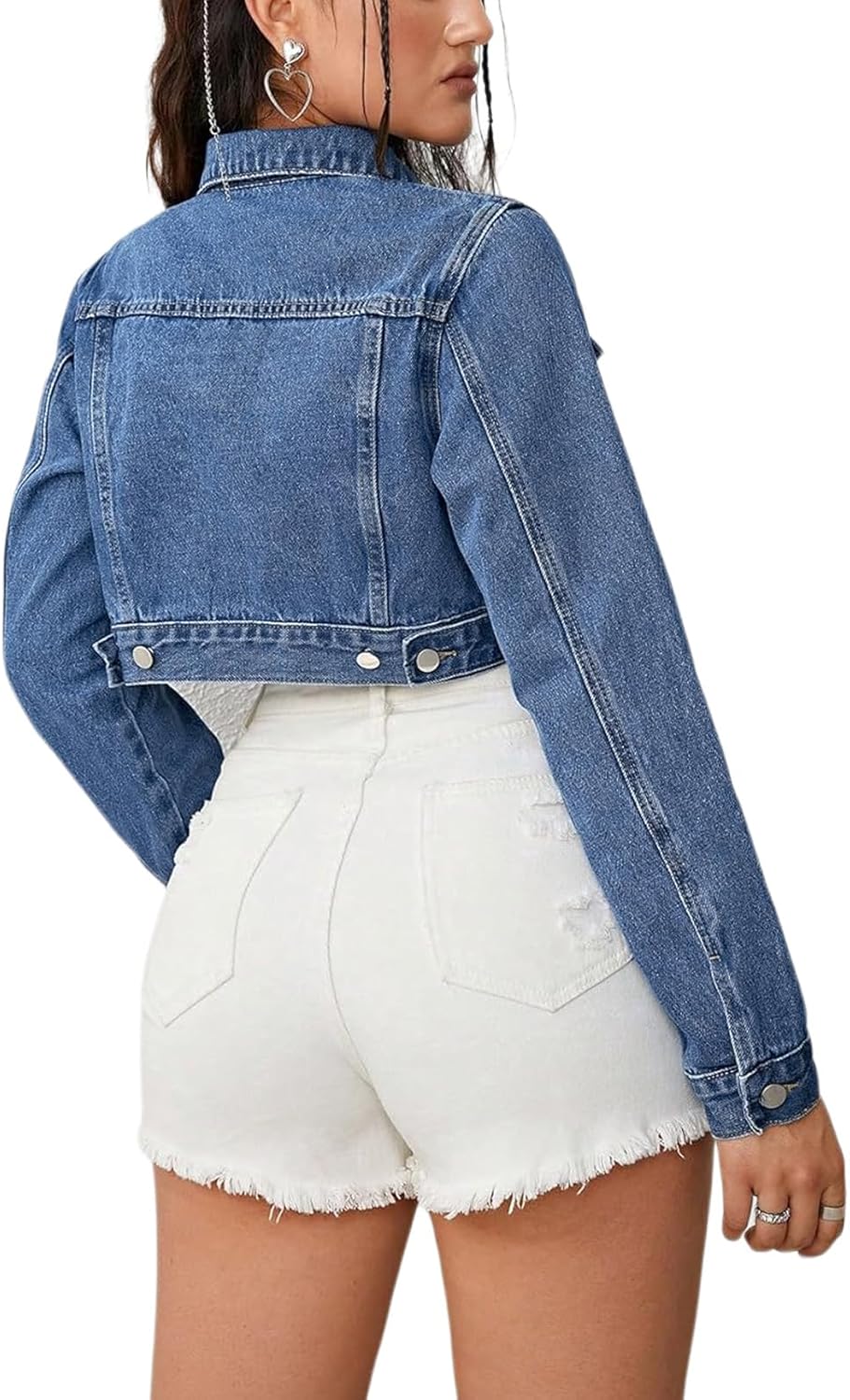 AiiUp Cropped Jean Jacket for Women Long Sleeve Classic Casual Crop Top Denim Jackets Coat