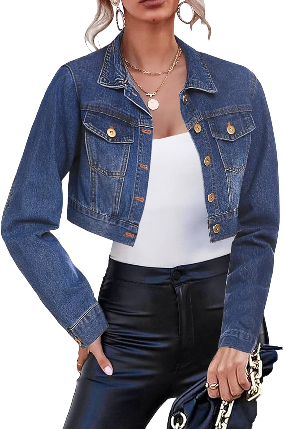 AiiUp Cropped Jean Jacket for Women Long Sleeve Classic Casual Crop Top Denim Jackets Coat