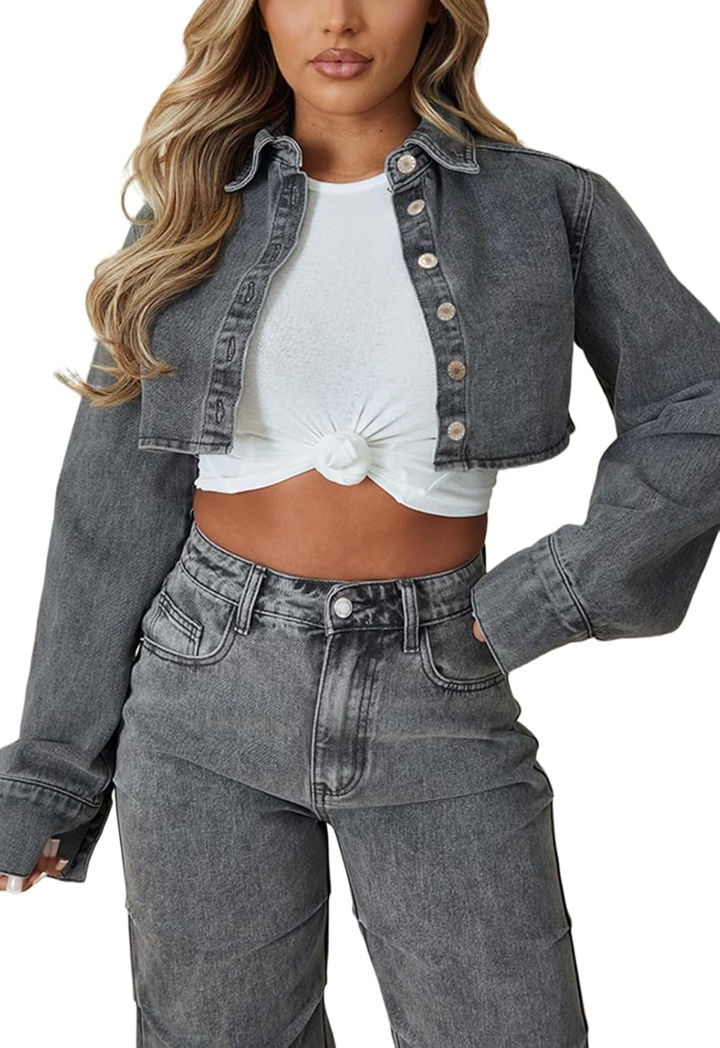 AiiUp Cropped Jean Jacket for Women Long Sleeve Classic Casual Crop Top Denim Jackets Coat