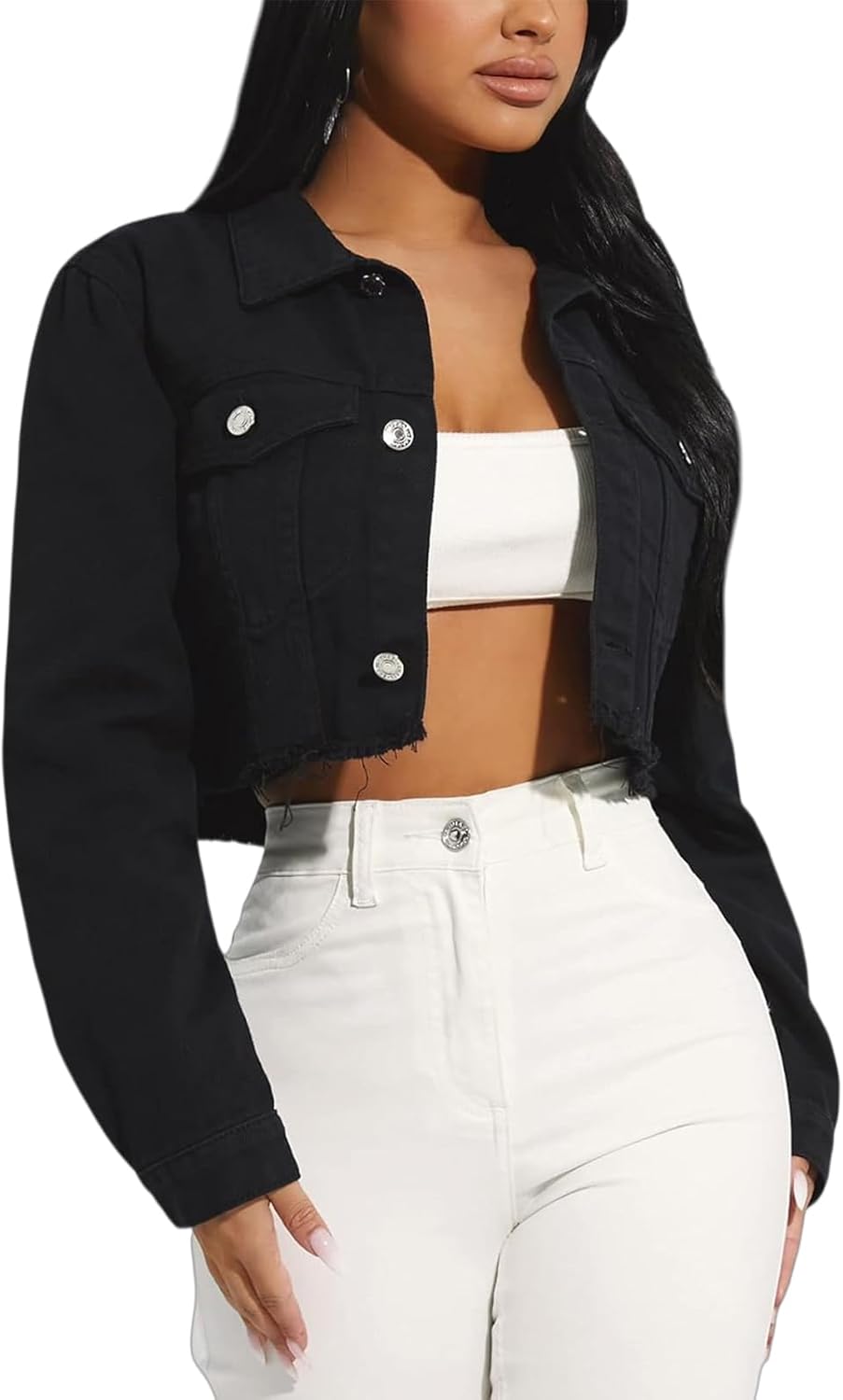 AiiUp Cropped Jean Jacket for Women Long Sleeve Classic Casual Crop Top Denim Jackets Coat