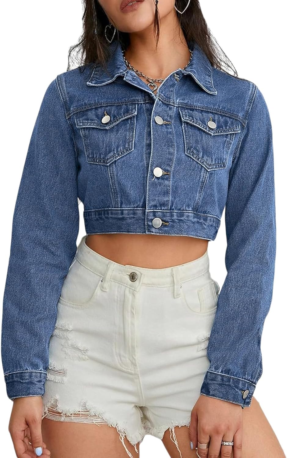AiiUp Cropped Jean Jacket for Women Long Sleeve Classic Casual Crop Top Denim Jackets Coat