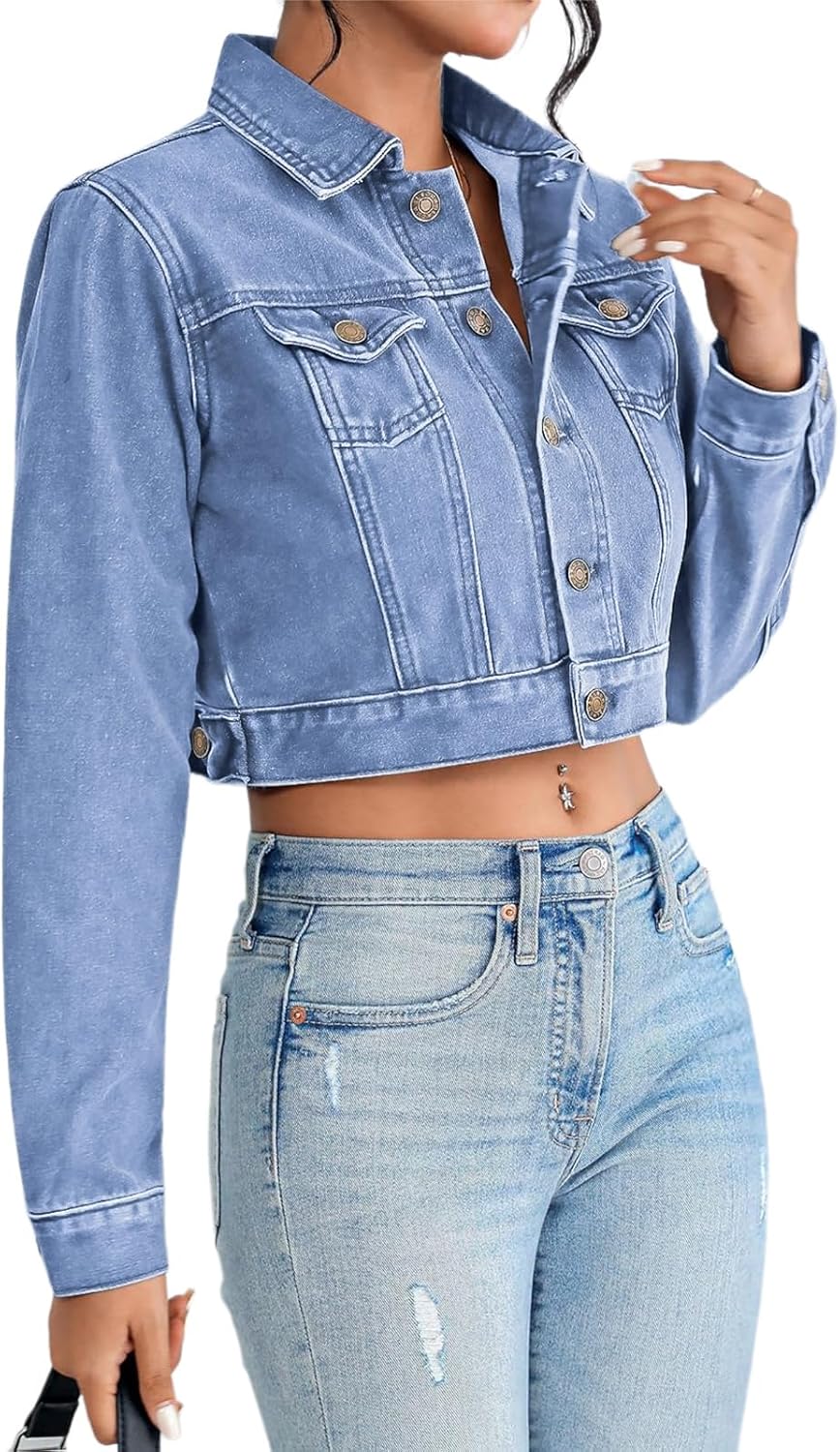 AiiUp Cropped Jean Jacket for Women Long Sleeve Classic Casual Crop Top Denim Jackets Coat