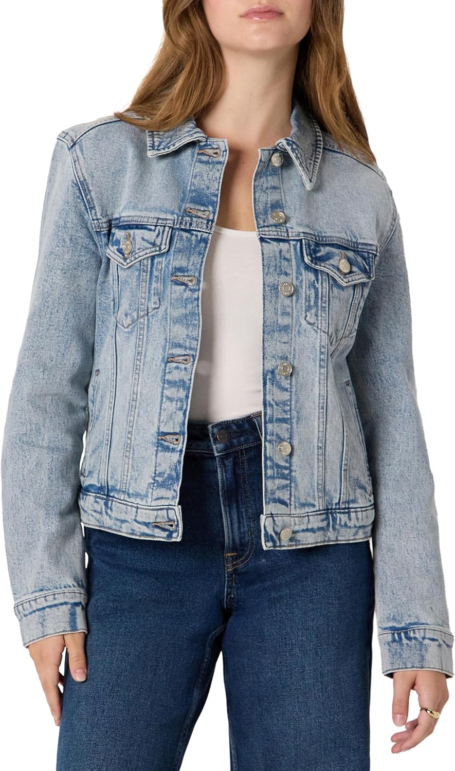 Amazon Essentials Women’s Regular-Fit Low Stretch Denim Button-Front Trucker Jacket