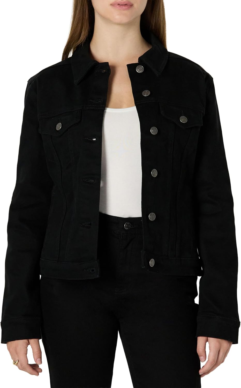 Amazon Essentials Women’s Regular-Fit Low Stretch Denim Button-Front Trucker Jacket