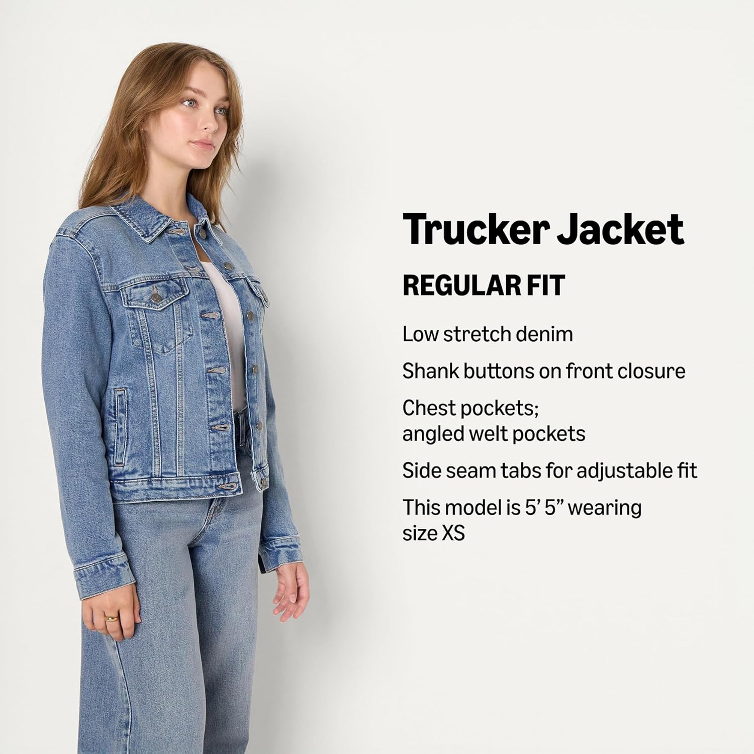 Amazon Essentials Women’s Regular-Fit Low Stretch Denim Button-Front Trucker Jacket
