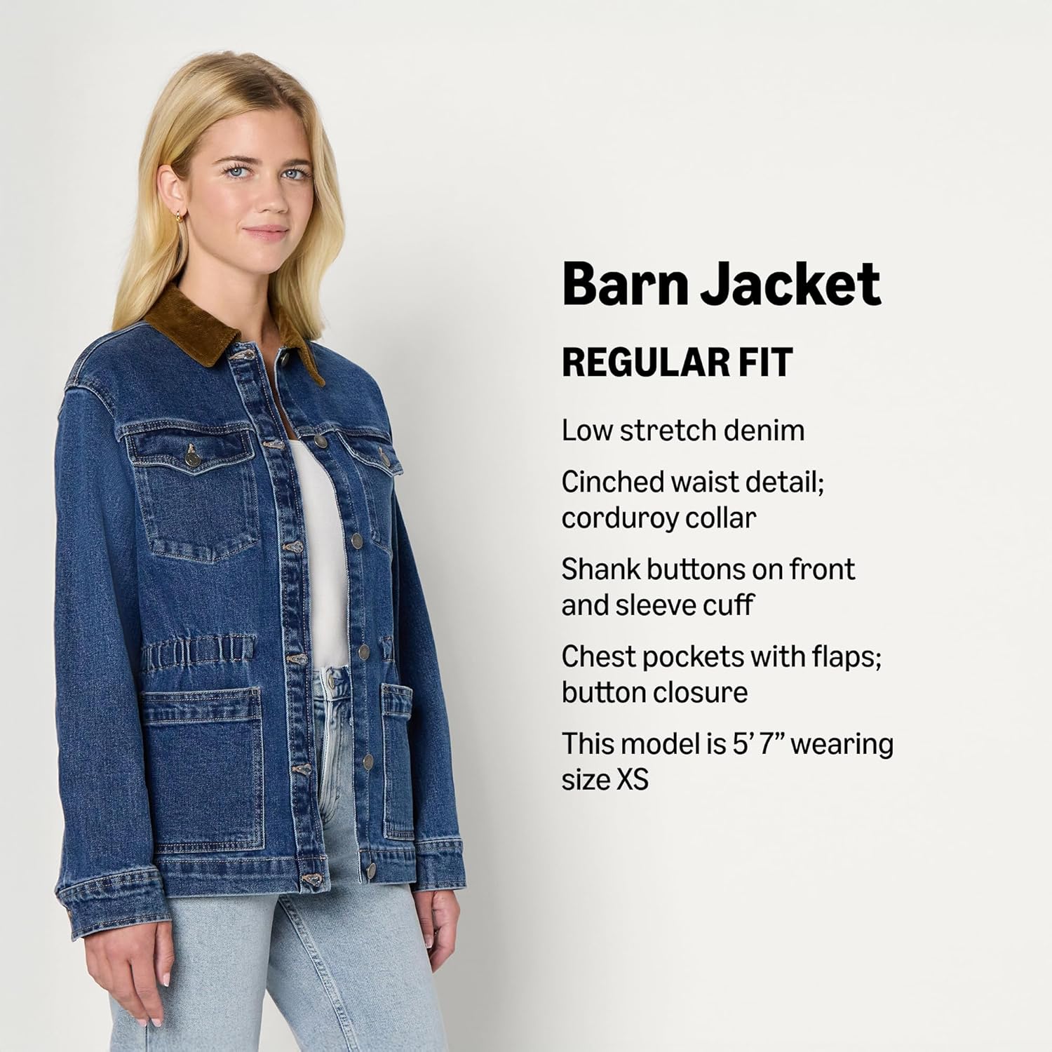 Amazon Essentials Women’s Regular-Fit Low Stretch Denim Cinched Waist Barn Jacket