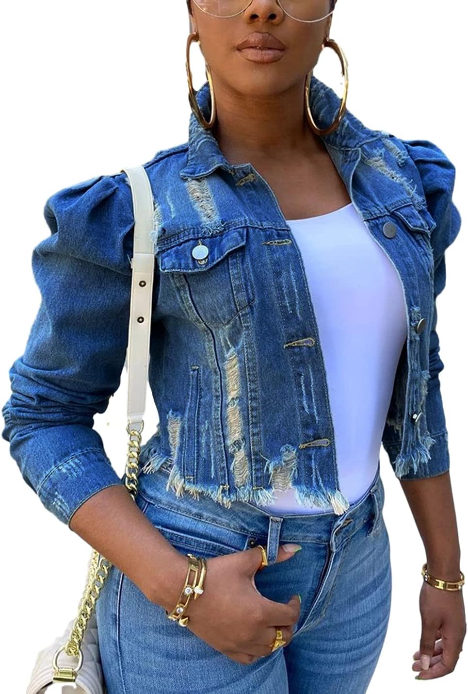 AMEBELLE Jean Jacket for Women Long Puff Sleeve Distressed Crop Denim Jackets Top