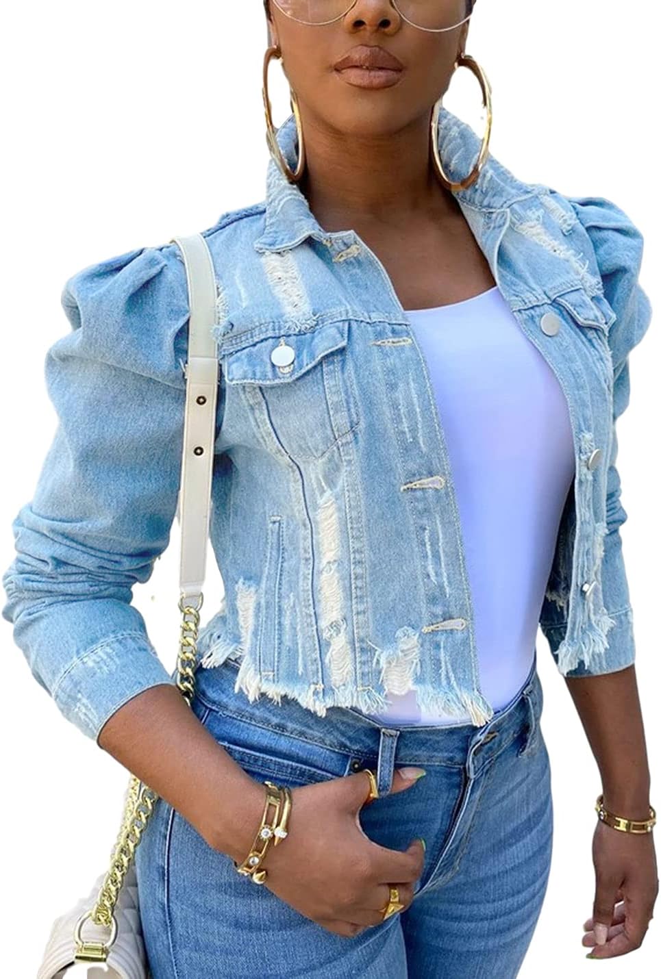 AMEBELLE Jean Jacket for Women Long Puff Sleeve Distressed Crop Denim Jackets Top