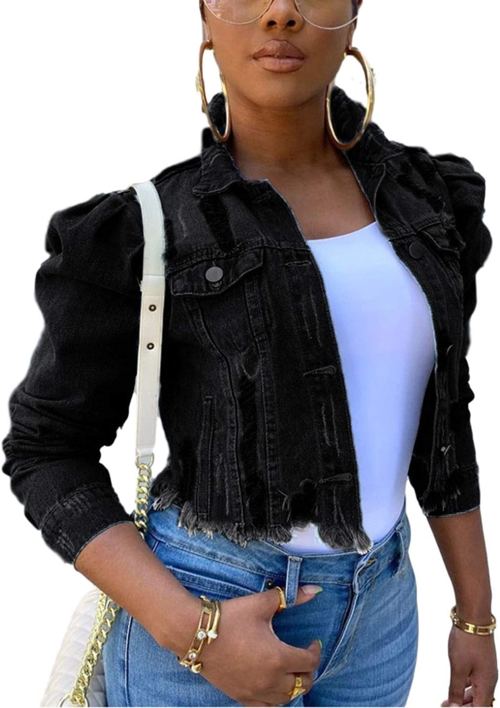 AMEBELLE Jean Jacket for Women Long Puff Sleeve Distressed Crop Denim Jackets Top