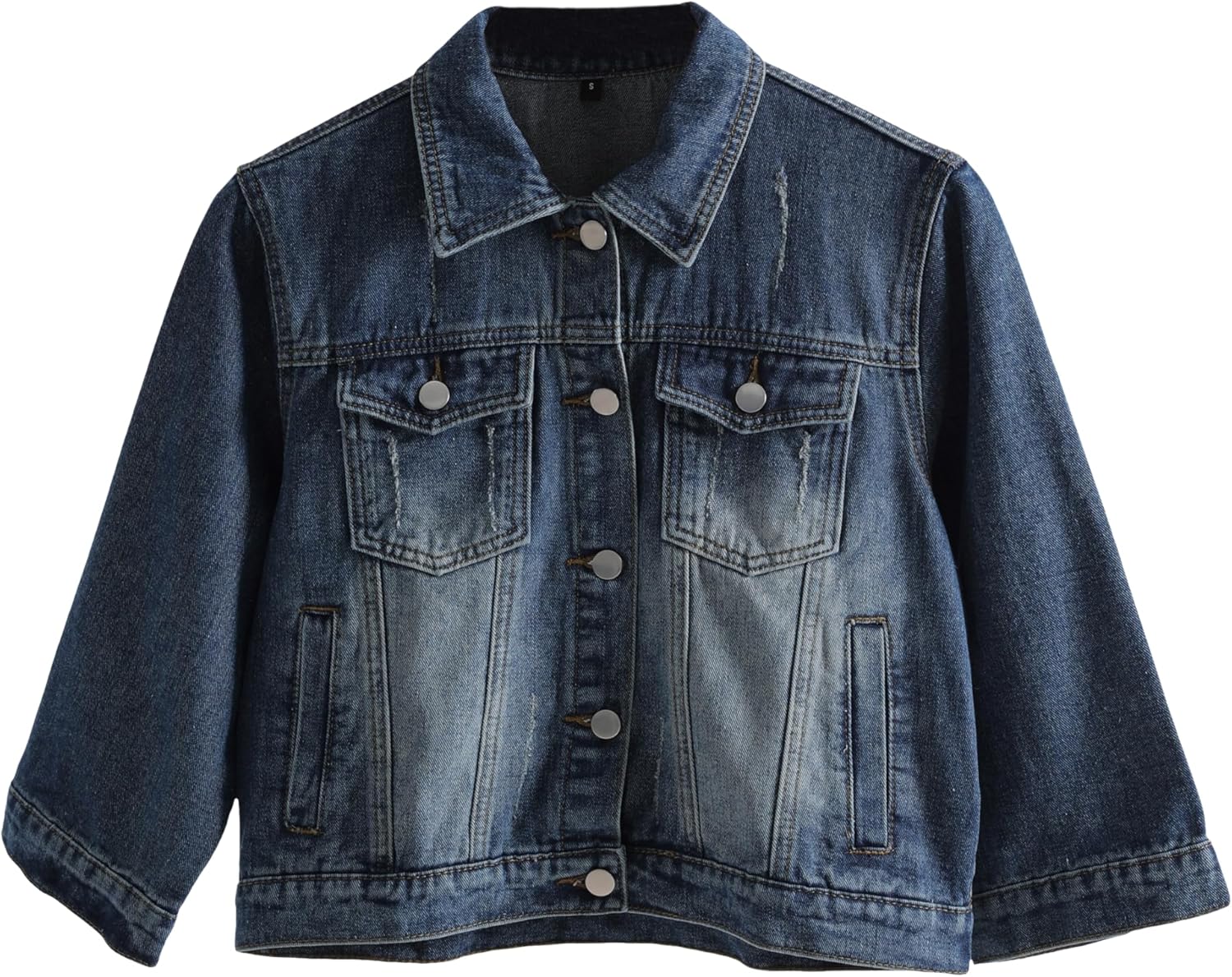 AMEBELLE Women’s 3\/4 Sleeve Strech Distress Slim Crop Denim Jean Trucker Jacket