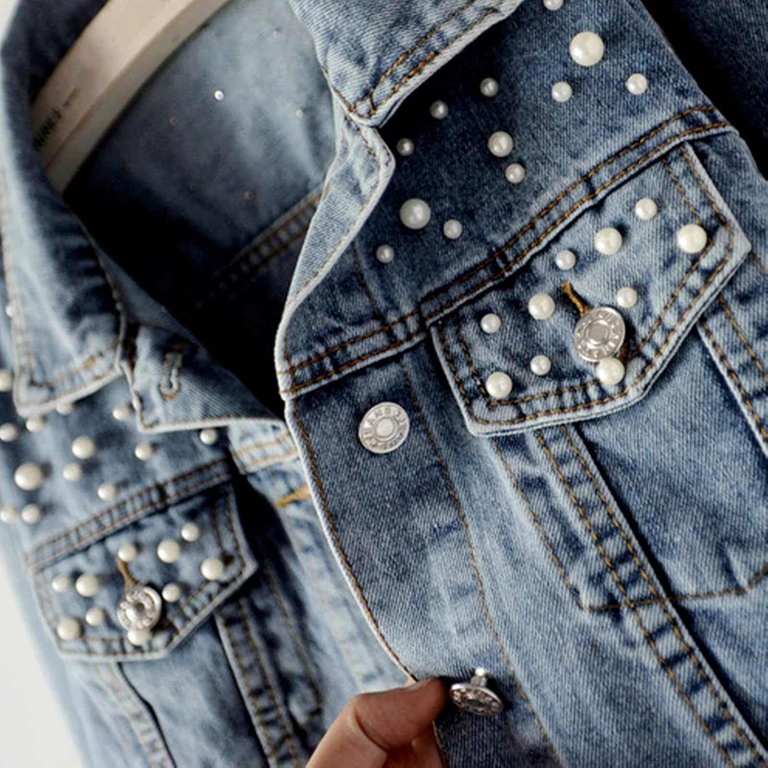 Ankecity Oversize Pearl Embroidered Women’s Ripped Distressed Casual Long Sleeve Denim Jacket Coat