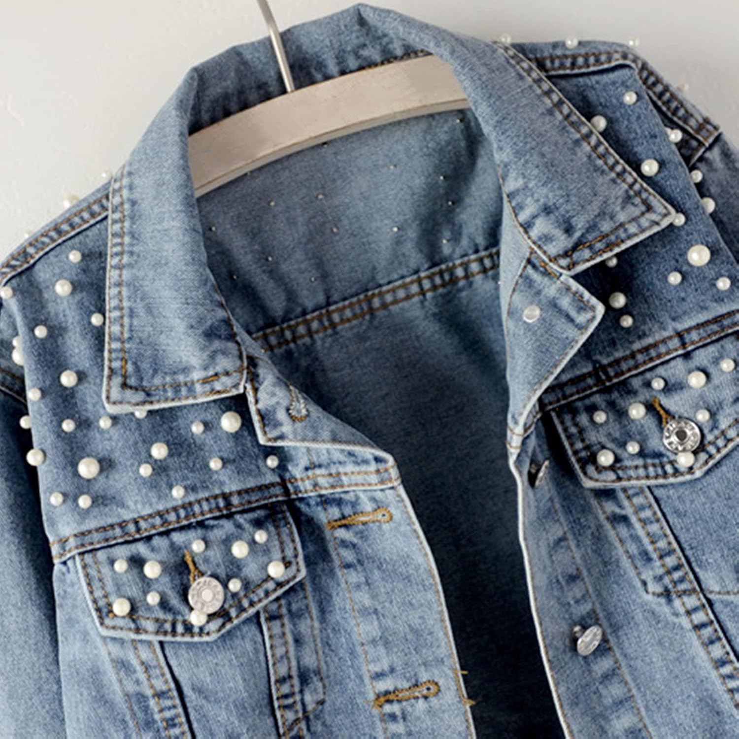 Ankecity Oversize Pearl Embroidered Women’s Ripped Distressed Casual Long Sleeve Denim Jacket Coat