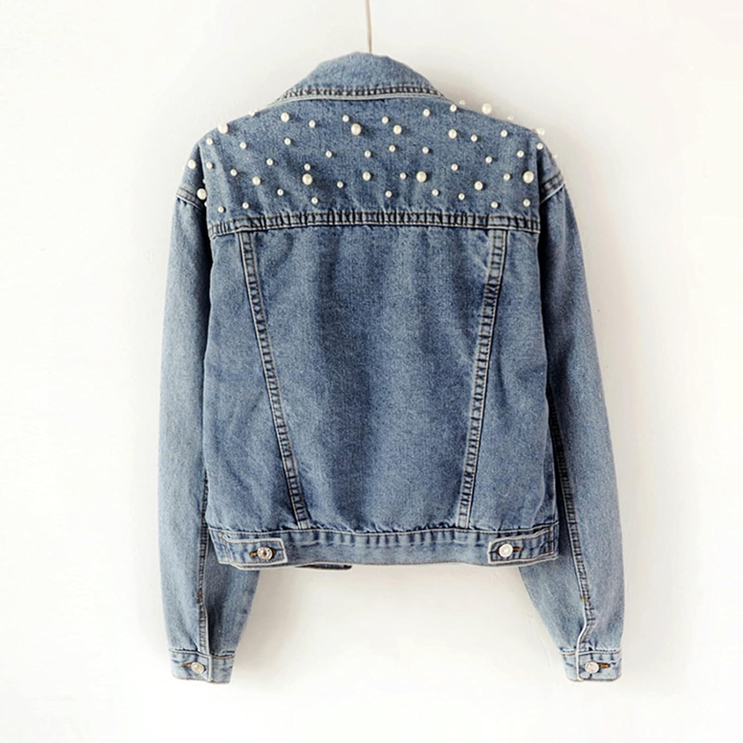 Ankecity Oversize Pearl Embroidered Women’s Ripped Distressed Casual Long Sleeve Denim Jacket Coat