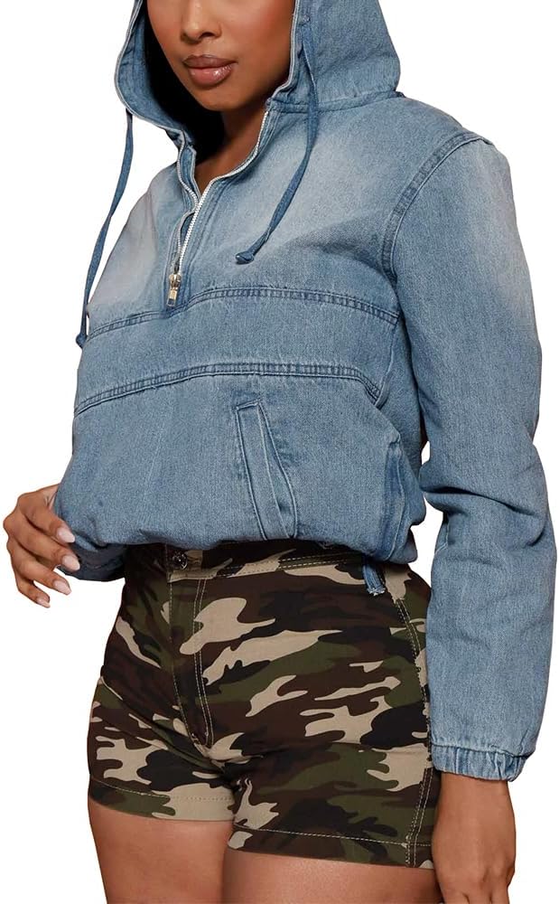 Aomice Women’s Half Zip Denim Hoodie Pullover Jackets Jean Tops