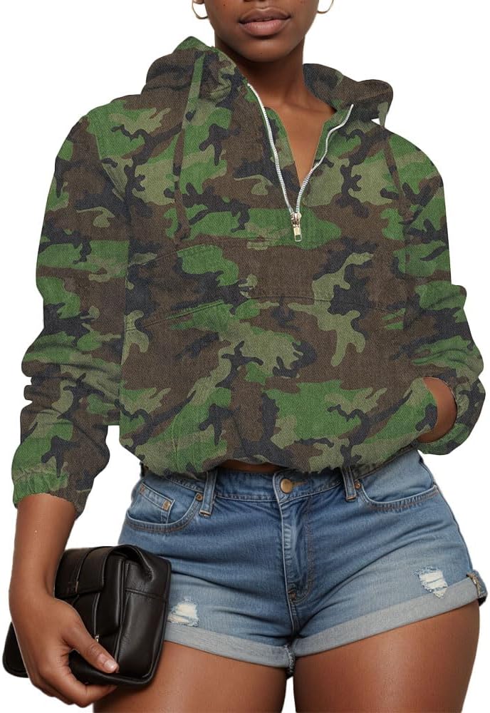 Aomice Women’s Half Zip Denim Hoodie Pullover Jackets Jean Tops