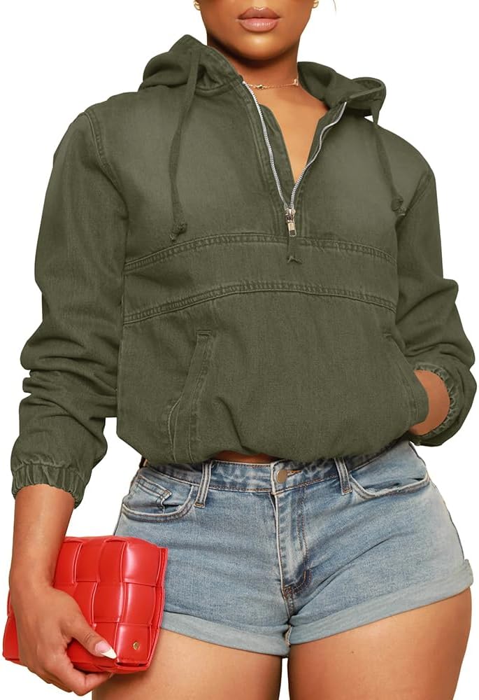 Aomice Women’s Half Zip Denim Hoodie Pullover Jackets Jean Tops