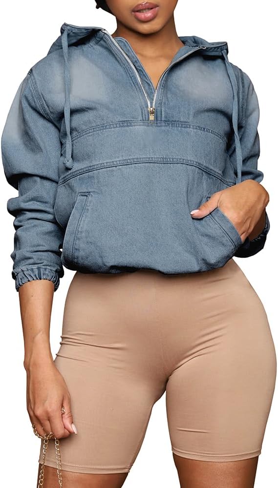 Aomice Women’s Half Zip Denim Hoodie Pullover Jackets Jean Tops