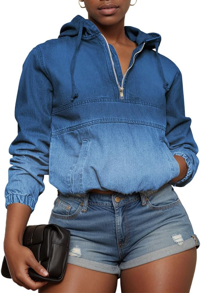 Aomice Women’s Half Zip Denim Hoodie Pullover Jackets Jean Tops