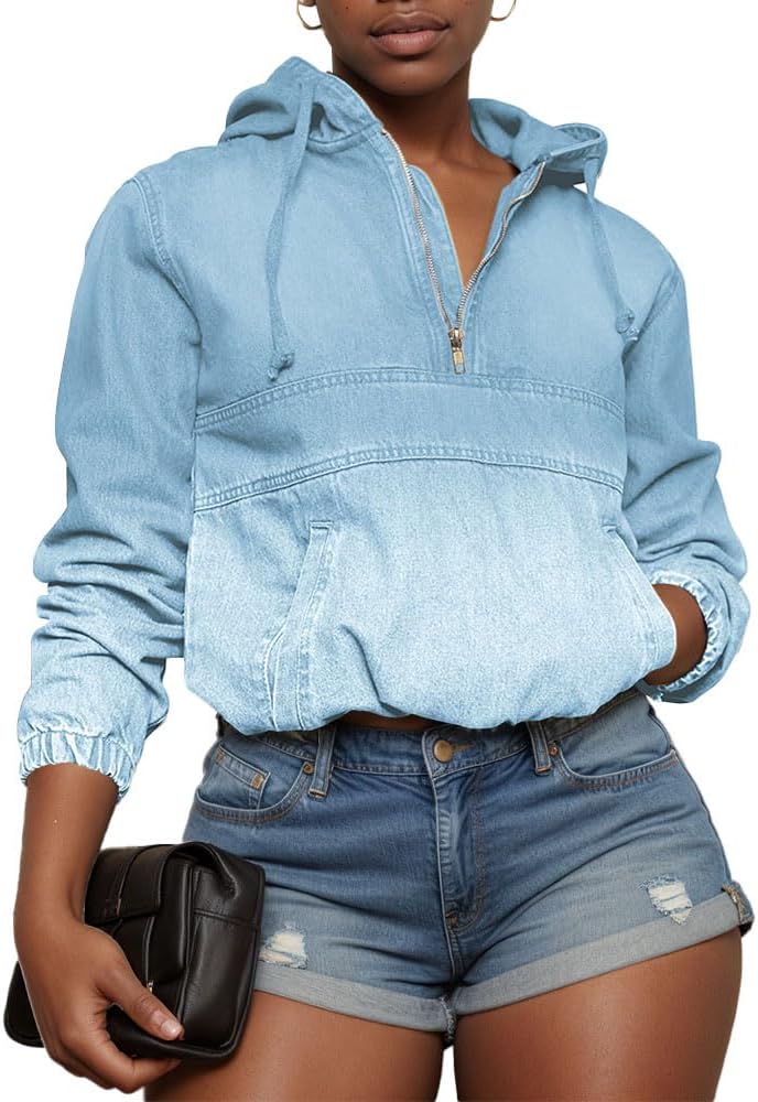 Aomice Women’s Half Zip Denim Hoodie Pullover Jackets Jean Tops