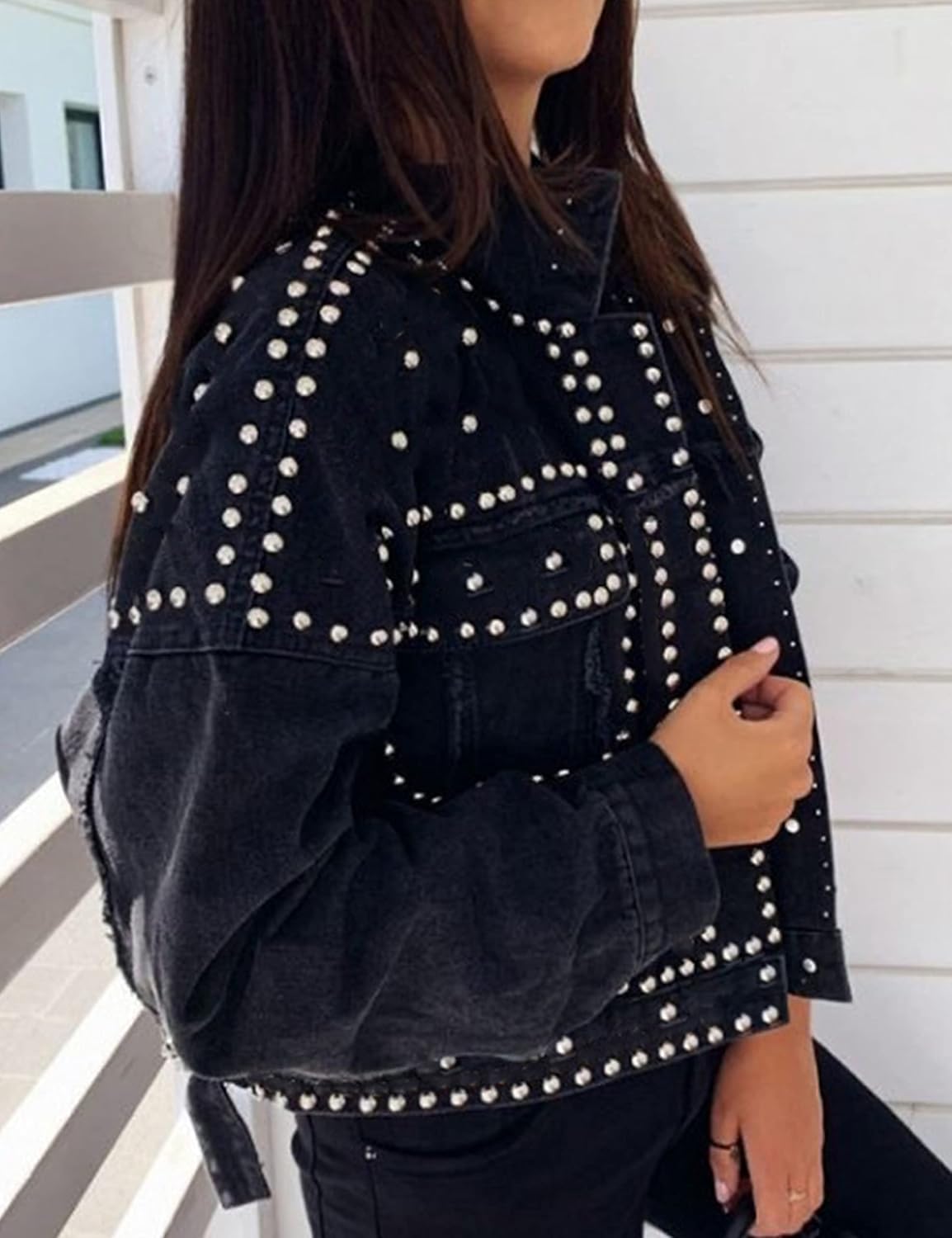 APAFES Women’s Fashion Crop Fringe Denim Jacket Distressed Western Studded Black Trucker Jacket