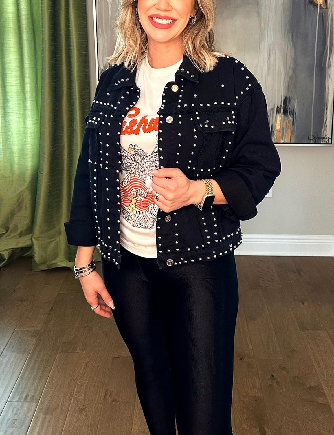 APAFES Women’s Fashion Crop Fringe Denim Jacket Distressed Western Studded Black Trucker Jacket