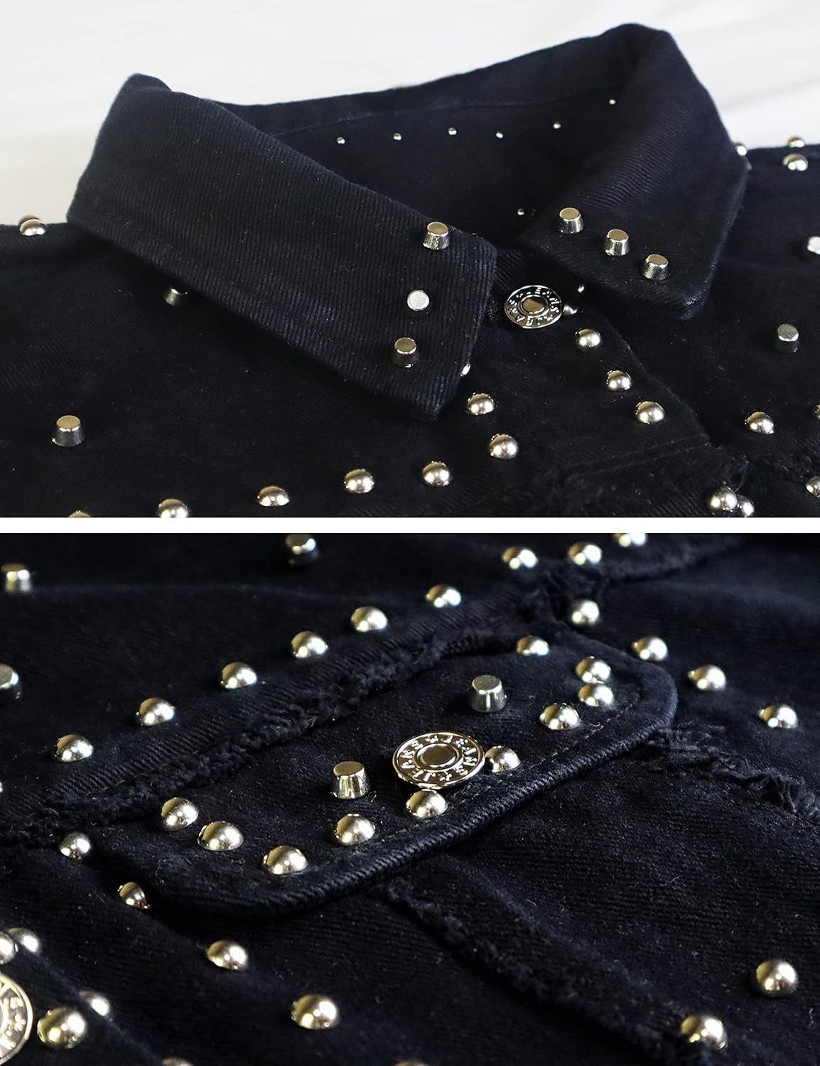 APAFES Women’s Fashion Crop Fringe Denim Jacket Distressed Western Studded Black Trucker Jacket