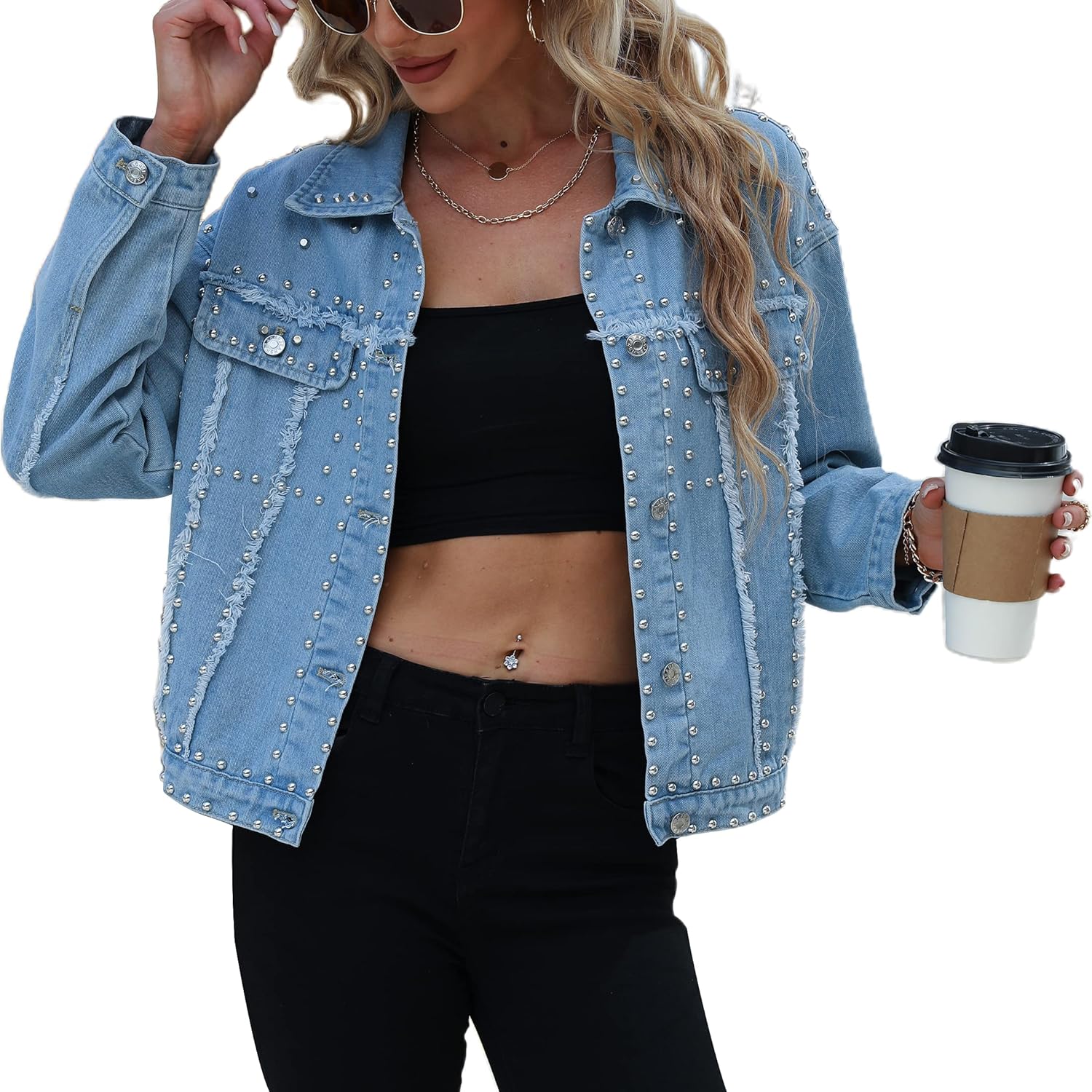 APAFES Women’s Fashion Crop Fringe Denim Jacket Distressed Western Studded Black Trucker Jacket