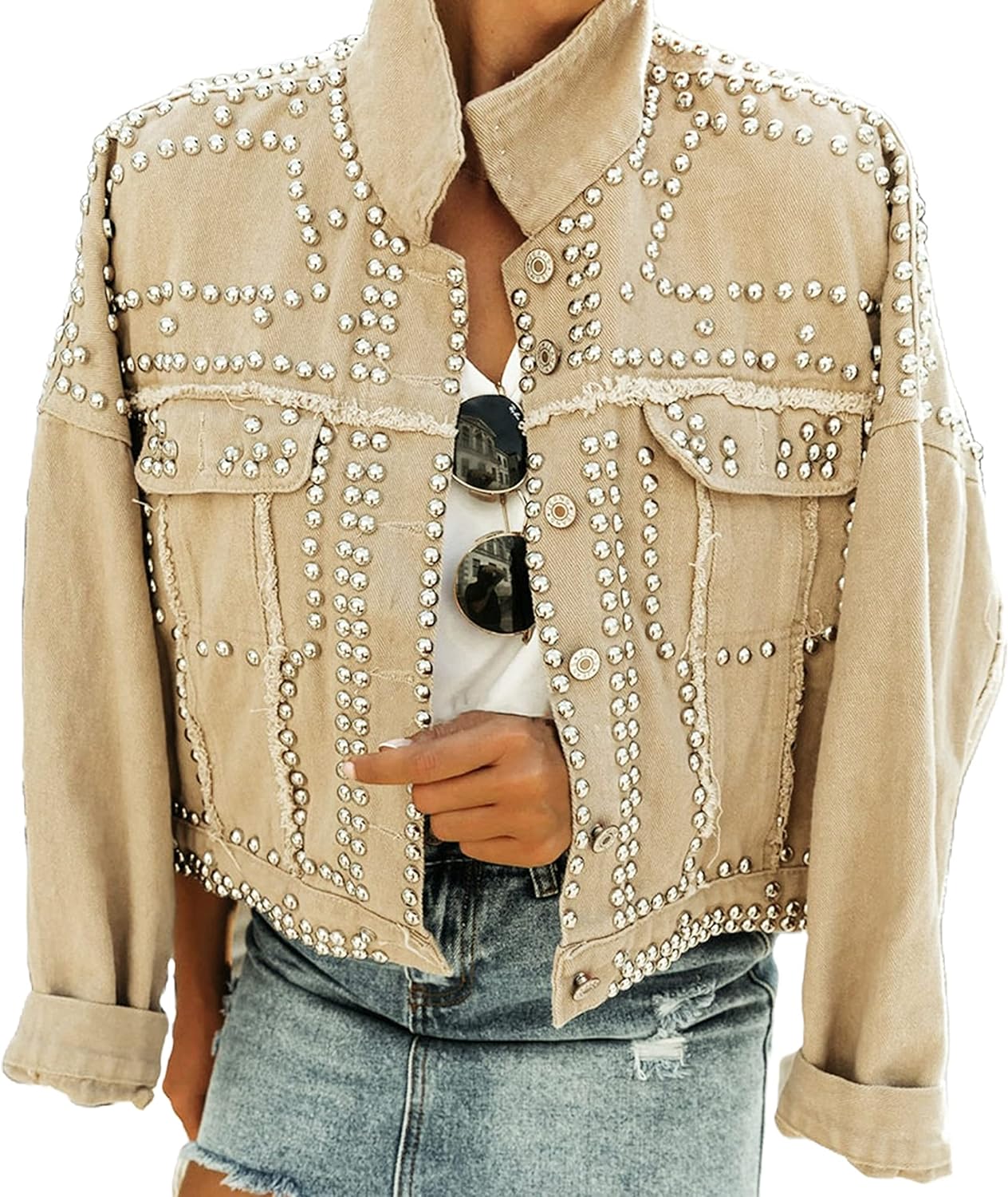 APAFES Women’s Fashion Crop Fringe Denim Jacket Distressed Western Studded Black Trucker Jacket