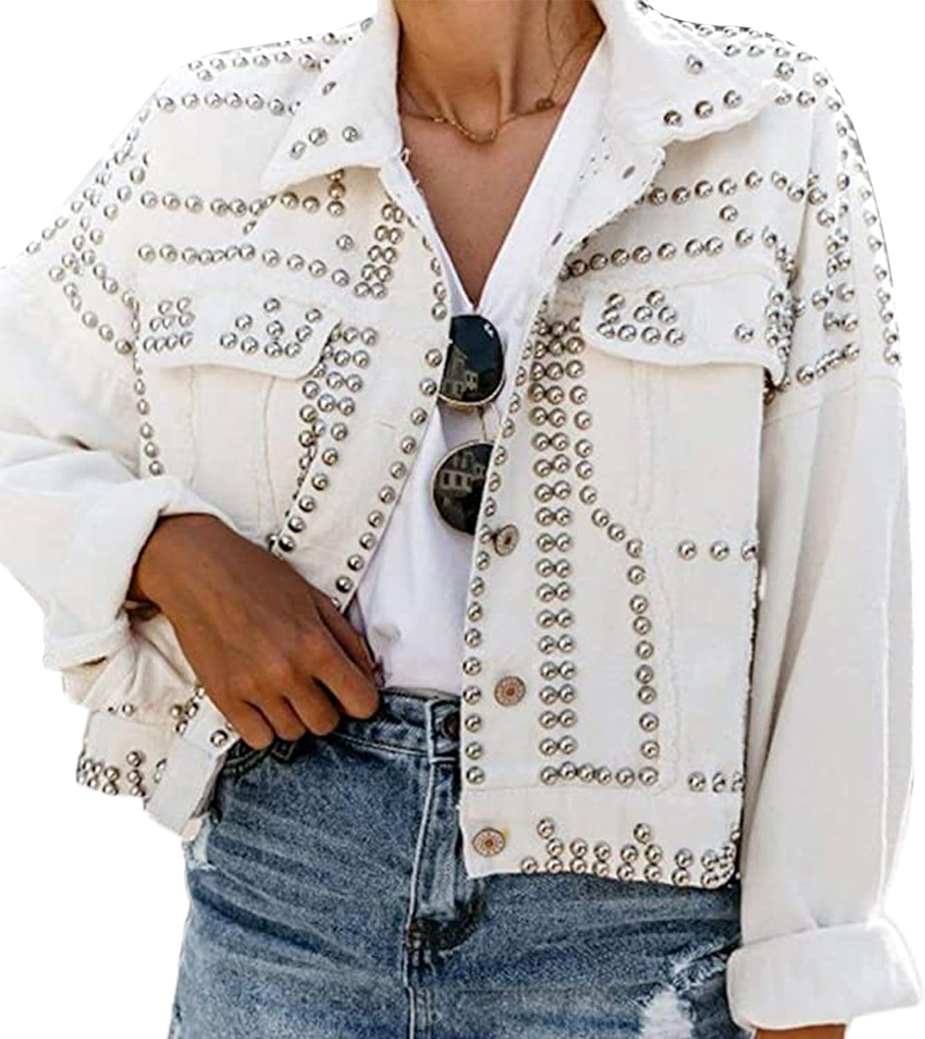 APAFES Women’s Fashion Crop Fringe Denim Jacket Distressed Western Studded Black Trucker Jacket
