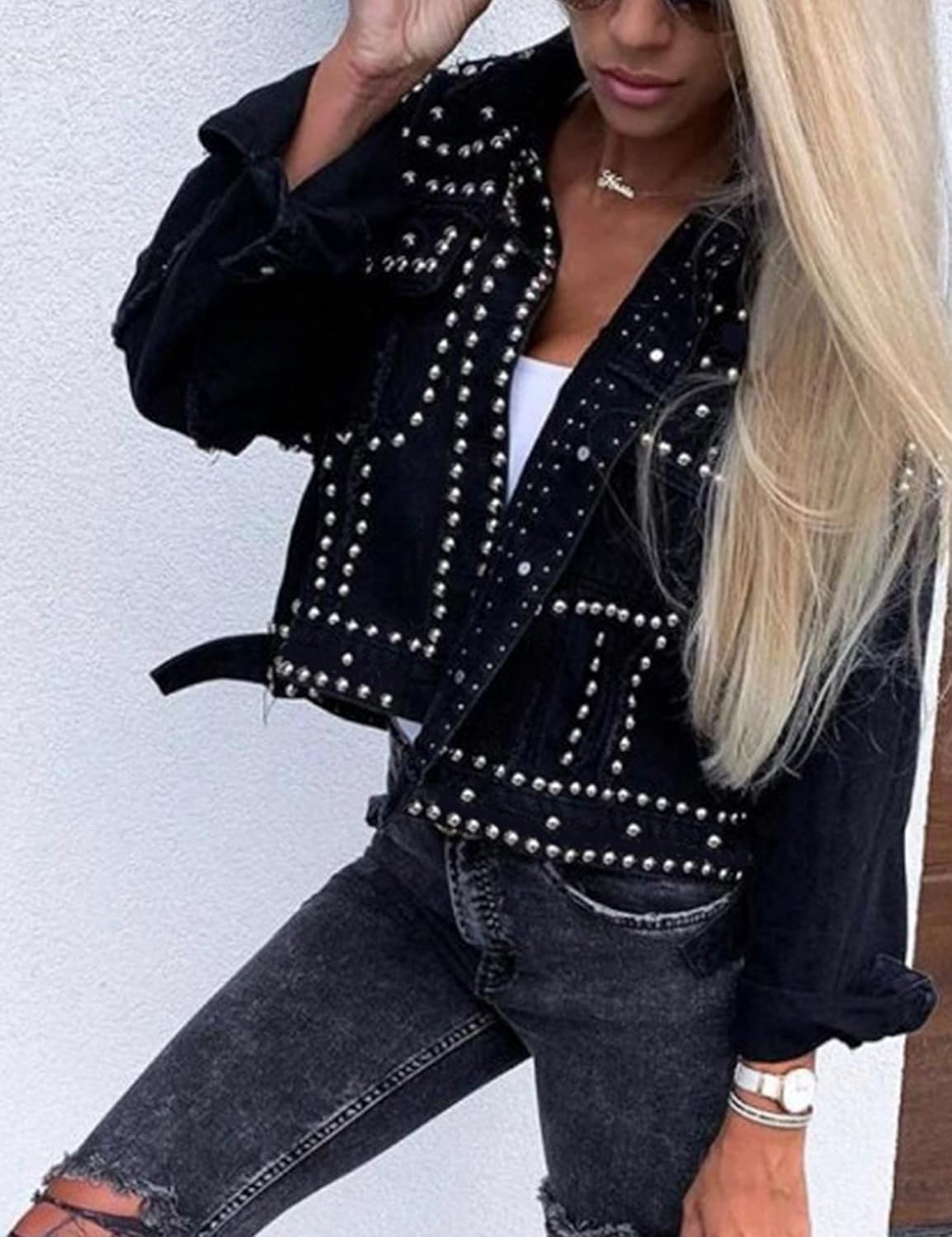 APAFES Women’s Fashion Crop Fringe Denim Jacket Distressed Western Studded Black Trucker Jacket