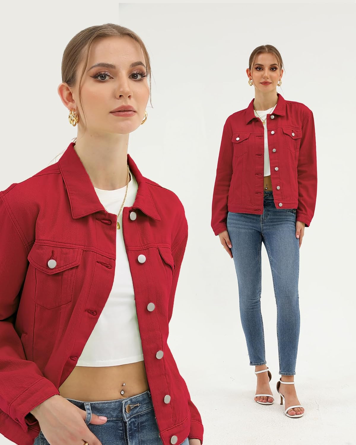 Argstar Denim Jacket for Women Button Up Long Sleeve with Pockets (Available in Inner Pockets)