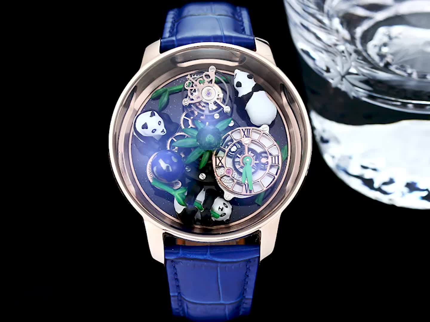 Konhon Panda Rose Gold Watch - Blue Leather Strap