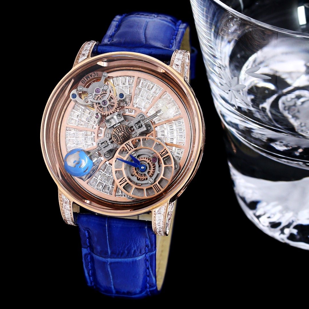 ICAMIO Rose Gold Diamond Blue Strap - Skeleton Watch