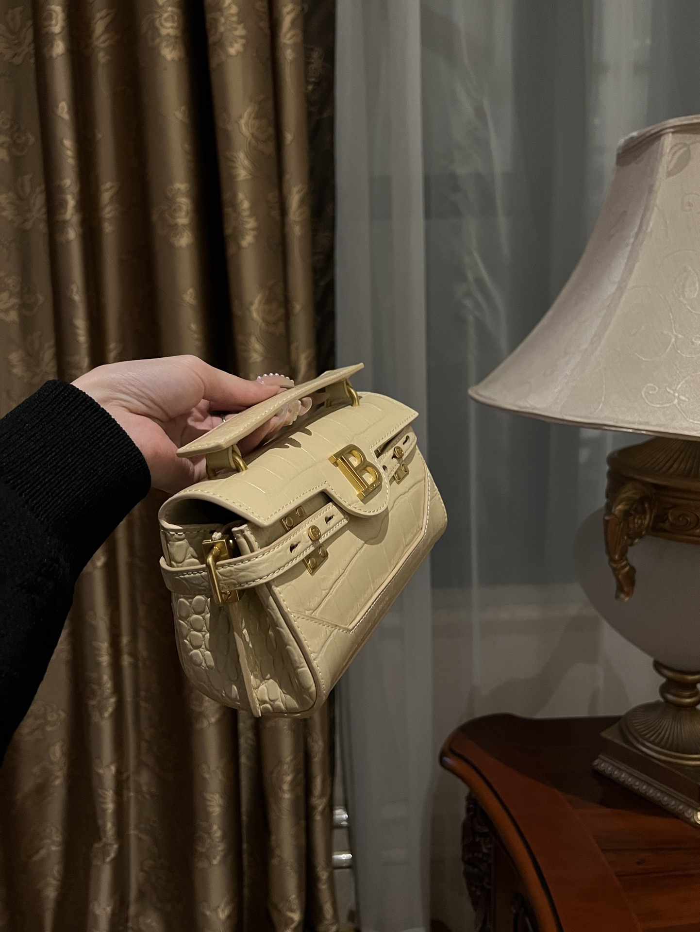 Beige Crocodile Embossed Top Handle Bag