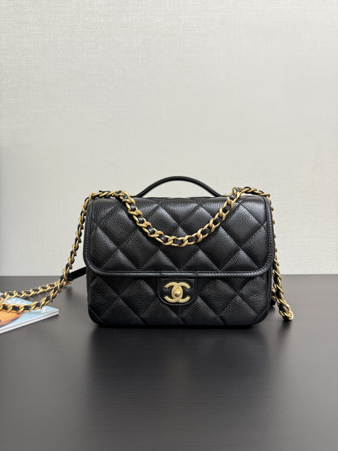 Backpack, Grained shiny calfskin & gold-tone metal,black