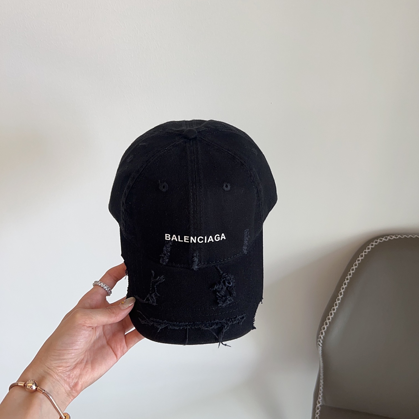 Balenciaga Distressed Black Denim Cap - White Logo