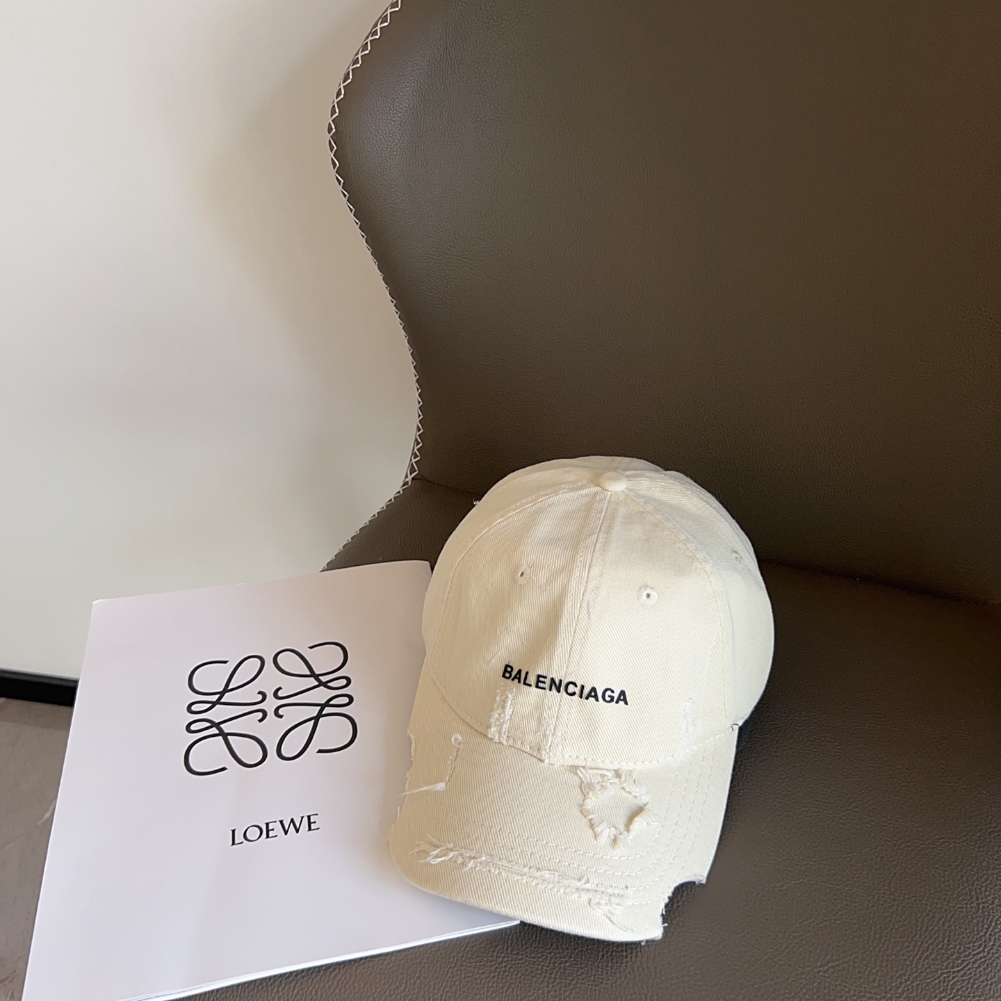 Balenciaga Distressed Beige Baseball Cap - Embroidered Logo