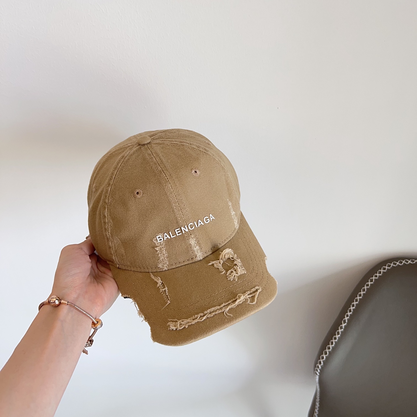 Balenciaga Beige Distressed Baseball Cap - Designer Headwear
