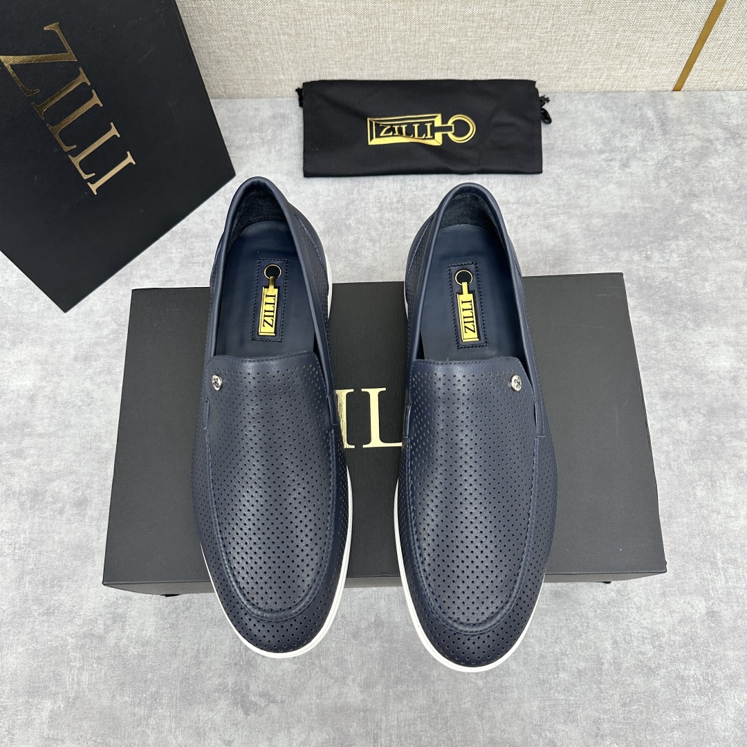 Bally Men’s Navy Blue Leather Loafers  Perforated Slip-On Dress Shoes