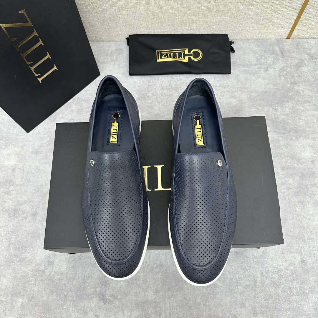 ZILLI Navy Leather Loafer - ZILLI Navy Perforated Leather Loafer