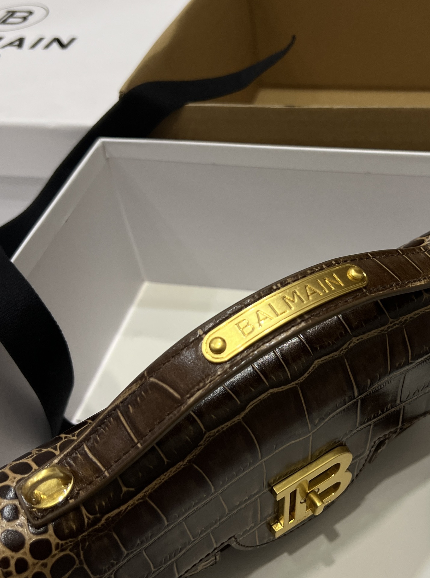 Balmain Brown Crocodile Embossed B-Buzz Bag