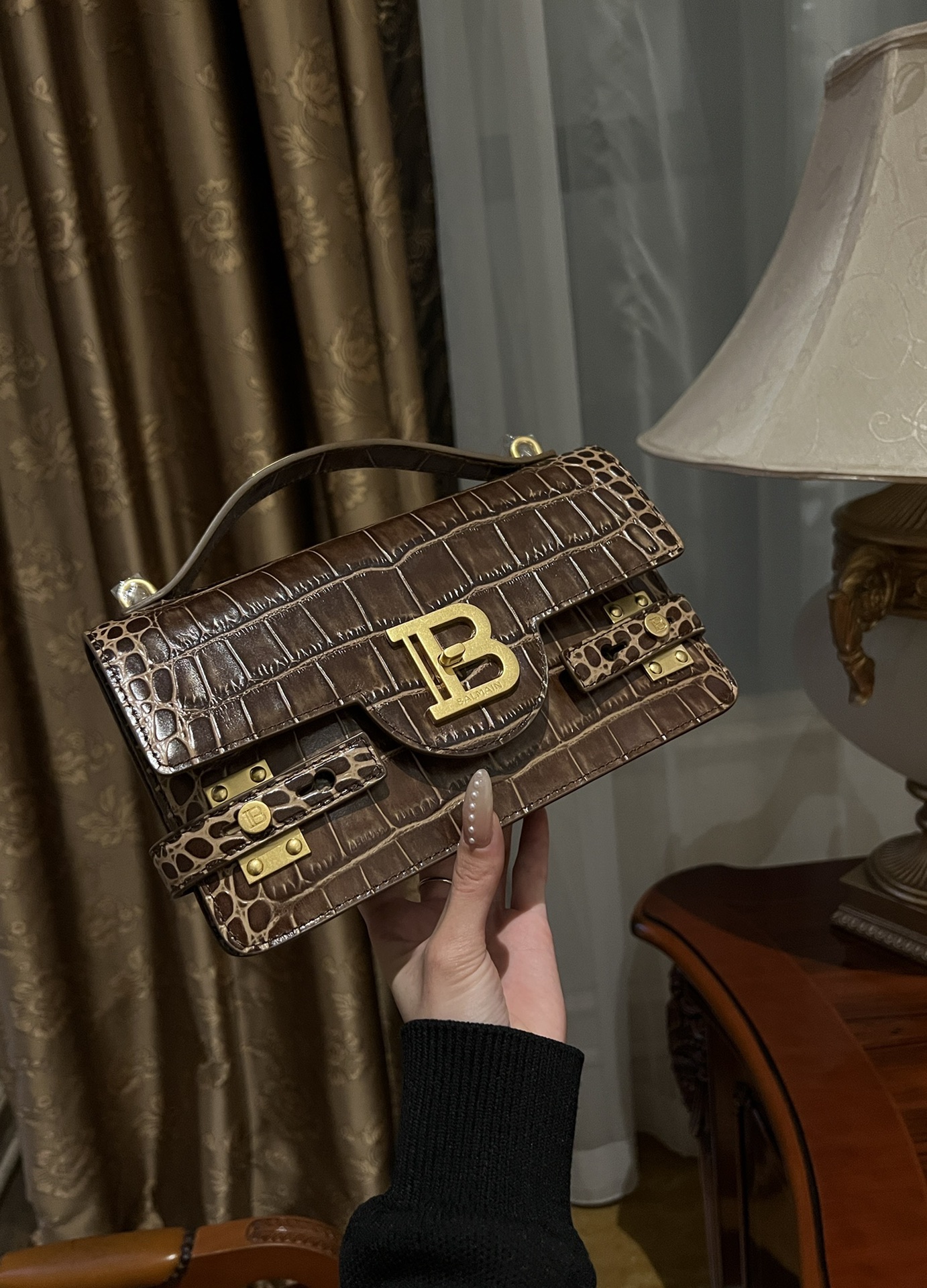 Balmain B-Buzz Croc-Embossed Leather Top Handle Bag - Brown