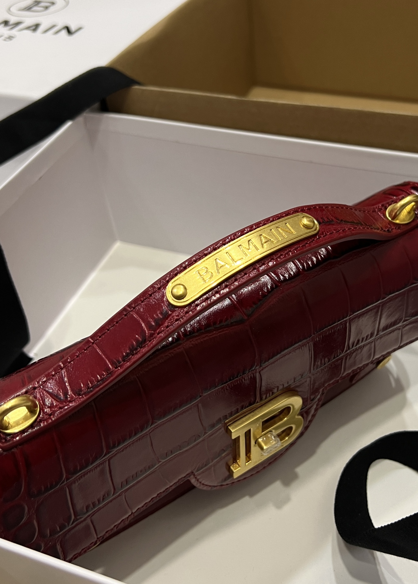 Balmain B-Buzz Burgundy Croc-Embossed Leather Bag