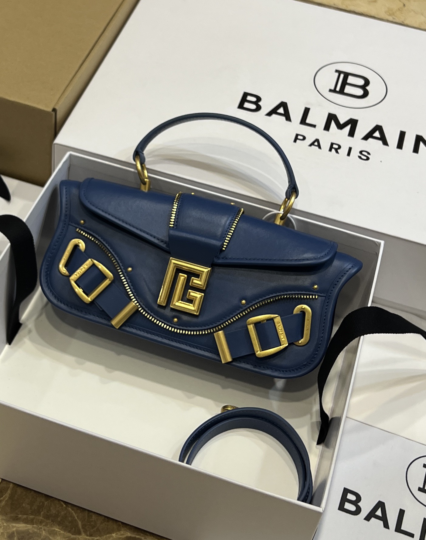 Balmain Blue B-Buzz Bag - Balmain Paris Blue Leather B-Buzz Bag - Gold