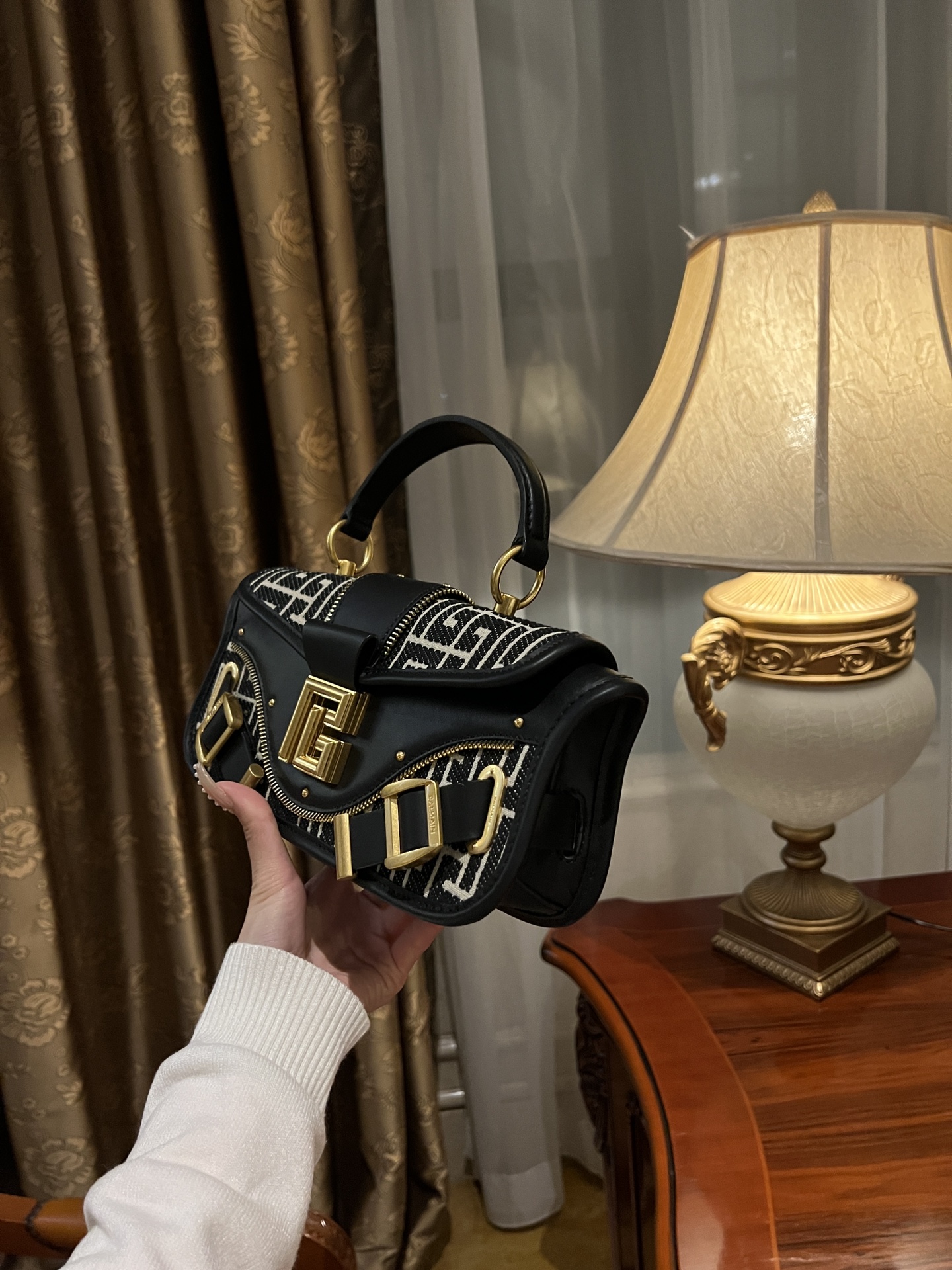 Luxury Monogram Black Leather Handbag with Gold Hardware
