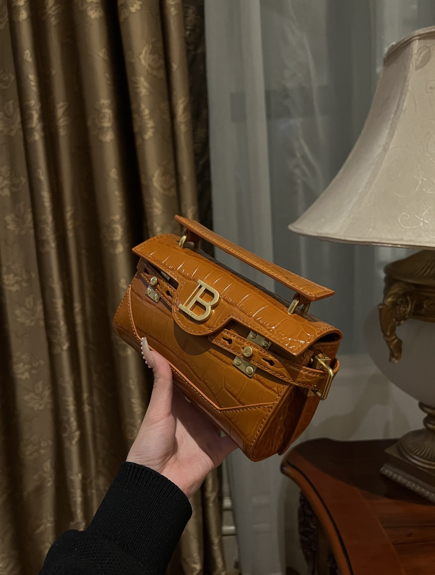 Balmain Brown Croc Embossed Leather Box Bag