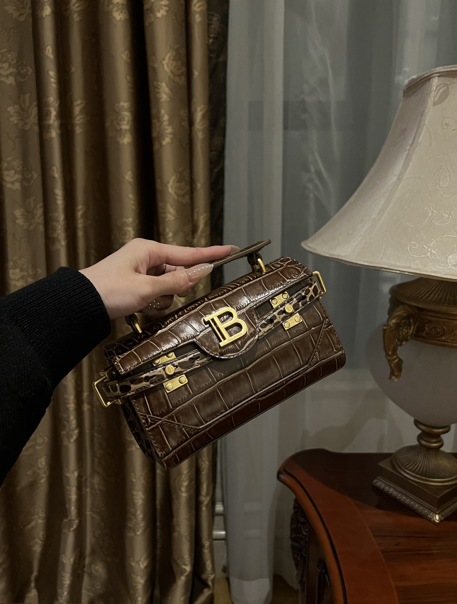 Luxury Brown Crocodile Embossed Top Handle Bag